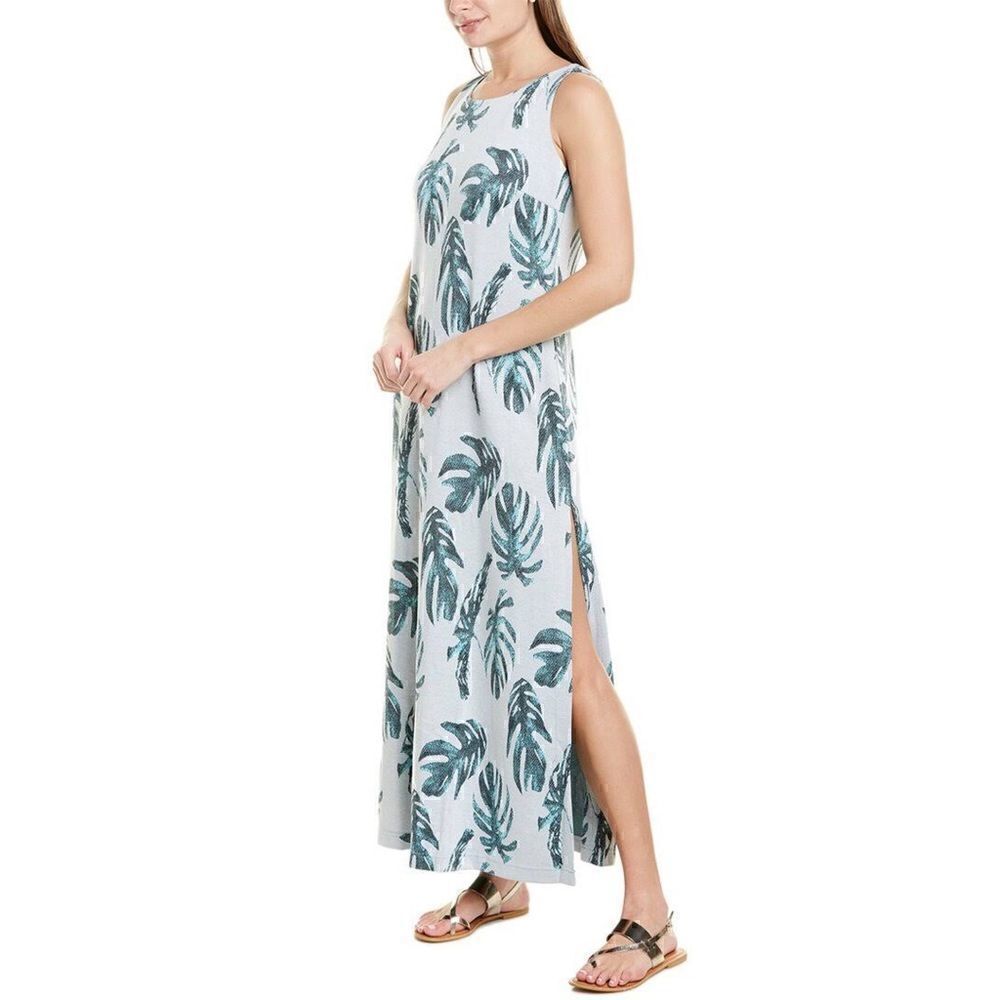 Tyler Böe Leaf Print White/Turquoise Claudia Maxi Shift Dress, Size Small